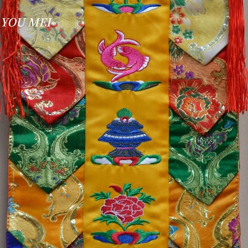 1Pcs Tibetan-Style Flags,Embroidered Eight Auspicious Symbols Pattern Hanging Banner,Nepal Temple and Chapel Altar Prayer Flag