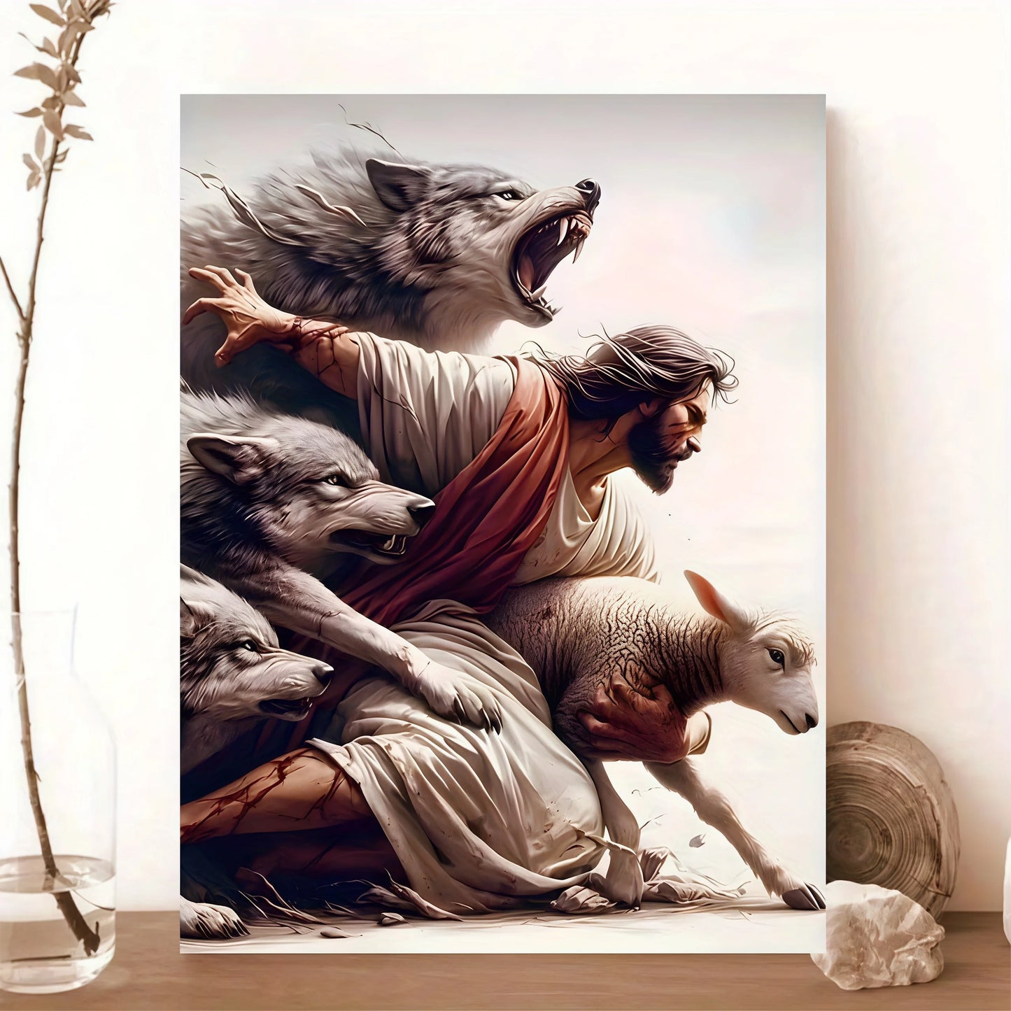 1pc, Protecting a Lamb from Wolves- Powerful Spiritual Protector Art framed canvas artwork for home and office decoration