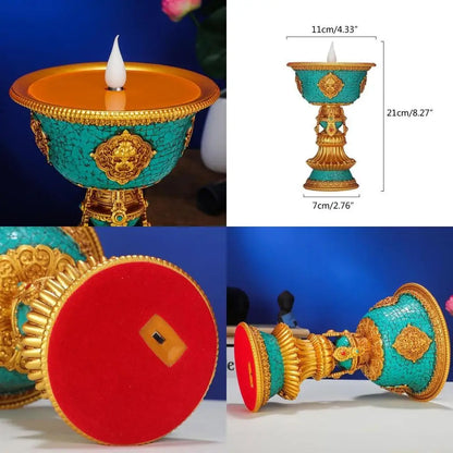 QX2E Tibetan Candlestick Smokeless Electronic Butter Lamp Rechargeable Holder Altars Light Buddhist Desktop Ornament