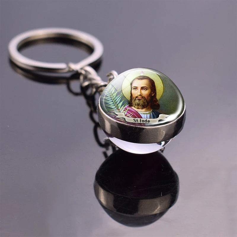 Religious Keychain St Francis Double Sided Key Chains Catholic Glass Ball Pendant Keyring Jewelry Keychain Jesus Christian Gifts