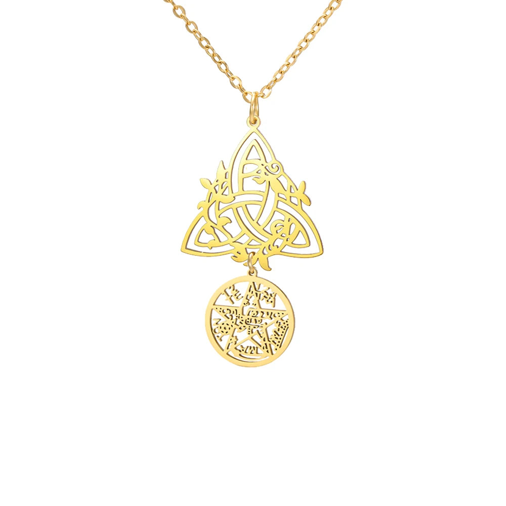 Double Amulet Protection Necklace witch Knot Pentagram Tetragrammaton Stainless Steel Protection Jewerly Wholesale