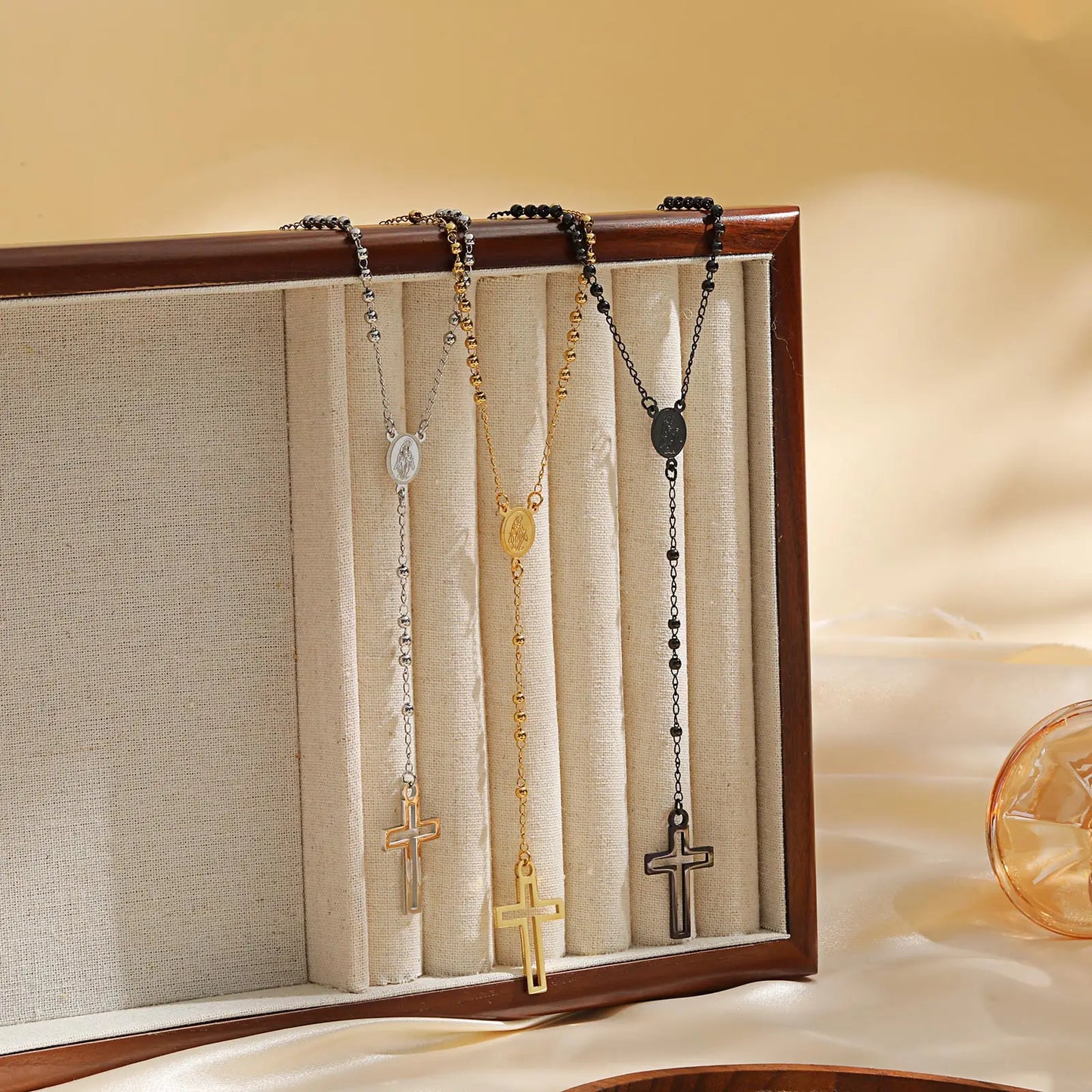 Women Cross Rosary Necklace, Maria with Cross Pendant, Black Gold Color Stainless Steel Christ Jesus Prayer Church Jewelry