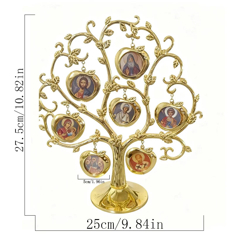 Gold Plated Orthodox Tree of Saints Icon Stand with Saint Icon Pendants for Church Home Altar Religious Devotion Christian Decor