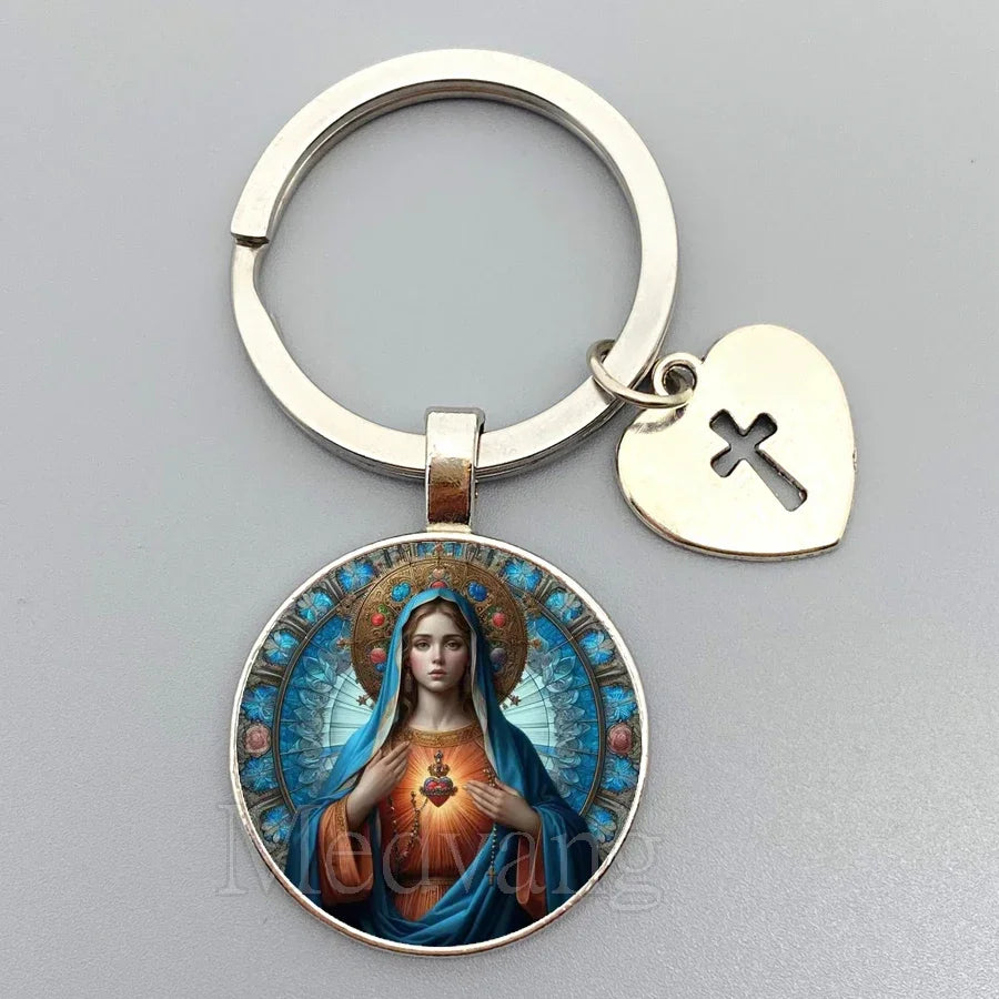 Jesus Sacred Heart Keychain Virgin Mary Glass Dome Key chain Catholic Men's and Women's Jewelry Gifts