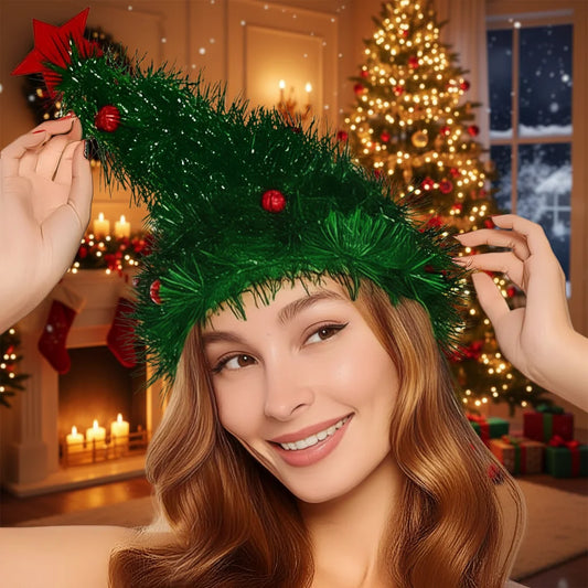 Christmas Tree Hats Fabric Rain Silk Hat for Adults Kids Funny Santa Hat with Tinsel Xmas Holiday Party Costume New Year Decor
