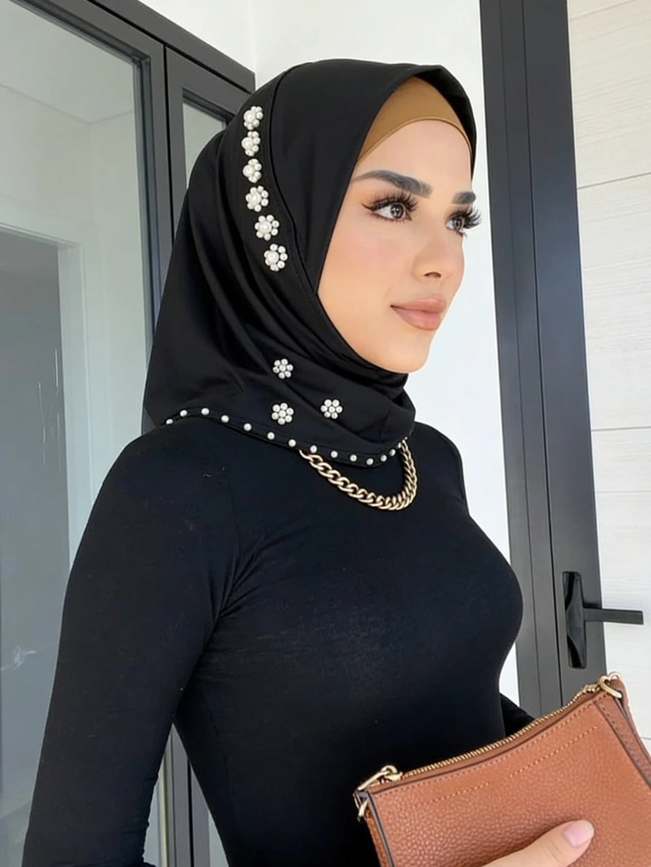 Trendy Muslim Instant Hijab Beads Bonnet Stretch Scarf Islamic Headband Jersey Hijab Headwrap Turbante for Women