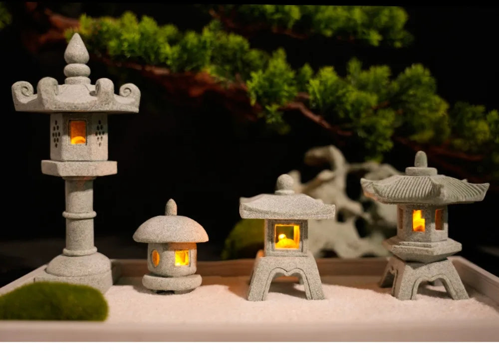 New Mini Pagoda Lantern Light Garden Statue Decorative Sand Stone Micro Landscape Lamp Zen Yard Miniature Bonsai