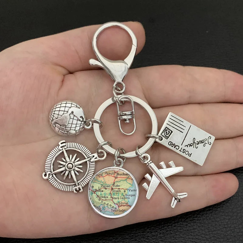 New ideas Earth plane keychain pendant earth compass personality memorial key ring gift for travel lovers