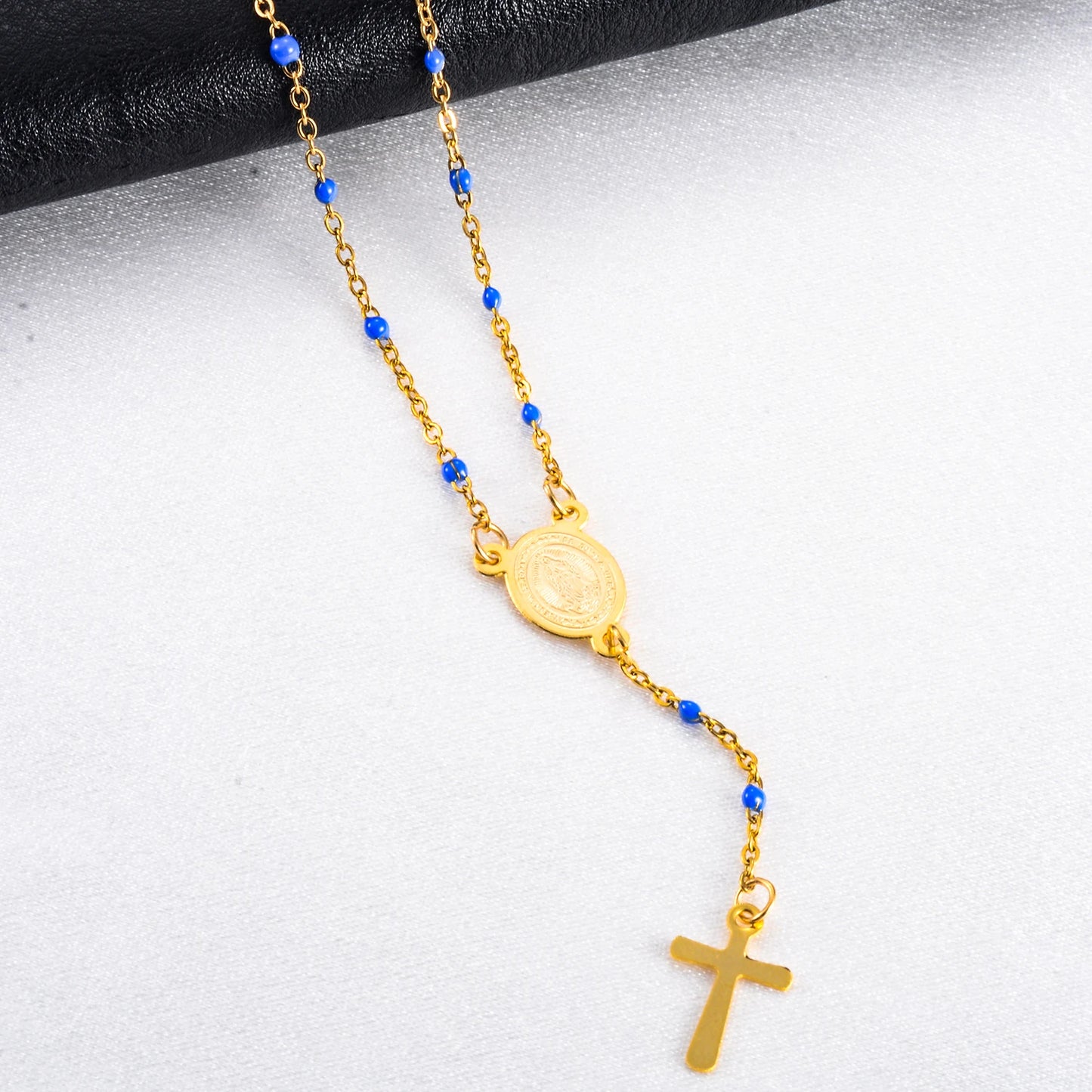 Jesus Stainless Steel Cross Rosary Christian Catholic Religious Width 1.5mm Enamel Satellite Bead Cable Link Chain Necklace