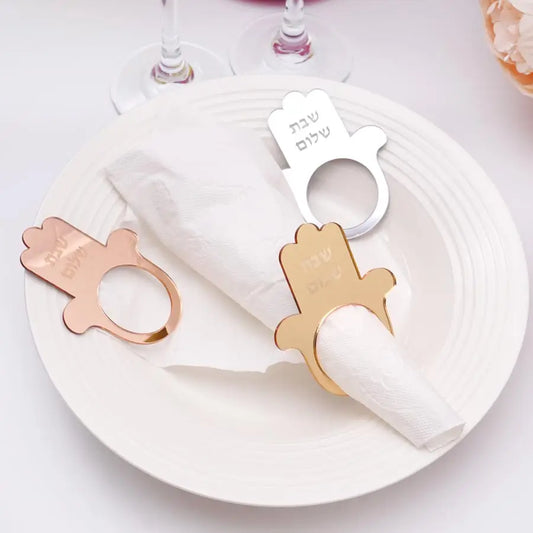 Jewish Hamsa Shabbat Shalom Napkin Rings Mirror Acrylic Table Decoration for Sabbath Dinner