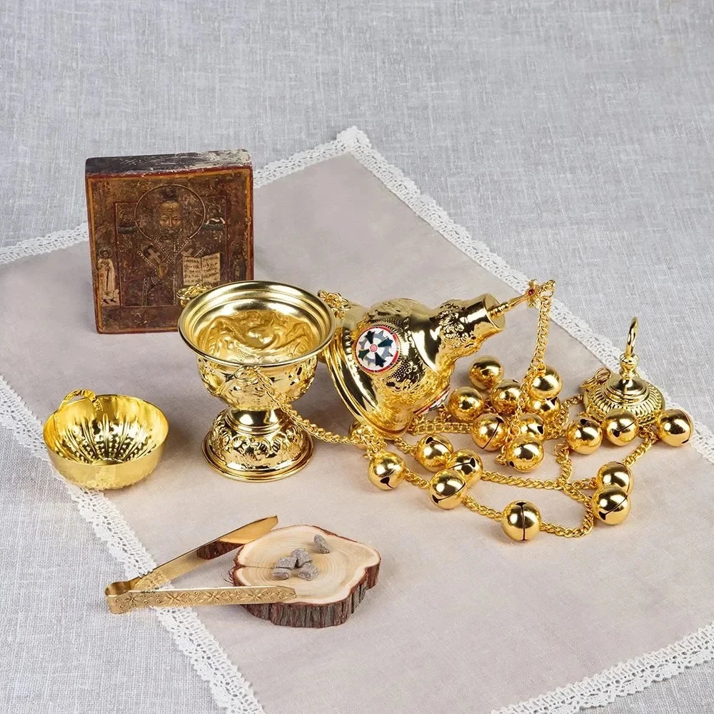Hanging Orthodox Incense Burner with Bells Gold Swinging Catholic Church Supplies 26 Inch Chains with 24 Bell Кадило "Крест"