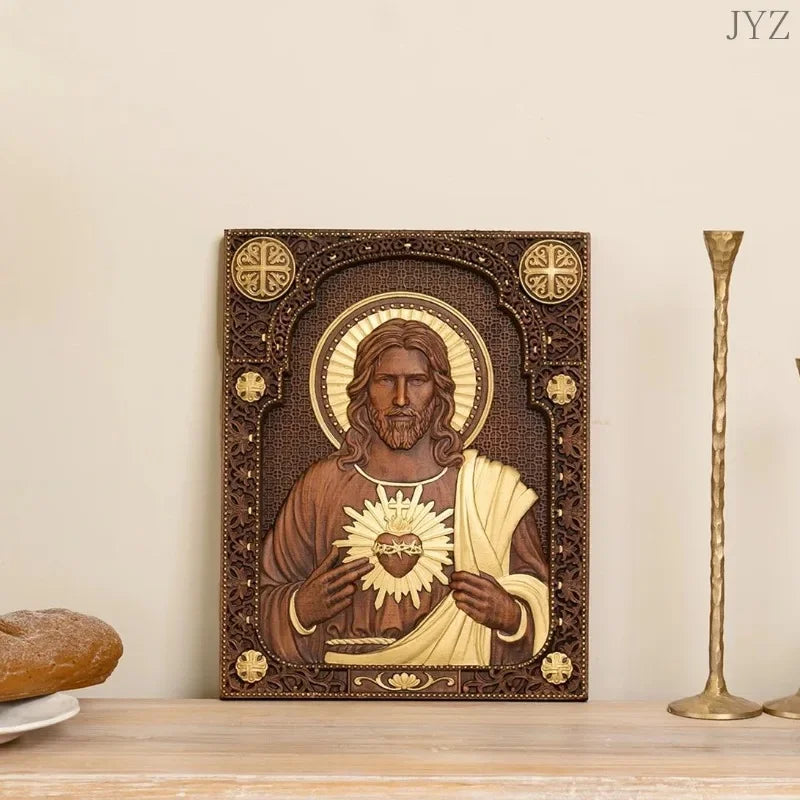 High Quality Religious Wooden Sacred Heart of Jesus Catholic Statue Plaque Wall Decor