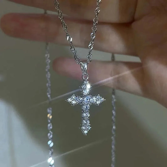 Zircon Cross Pendant Necklace, Silver Thin Chain for Women, Punk Style Party Birthday Jewelry Gift
