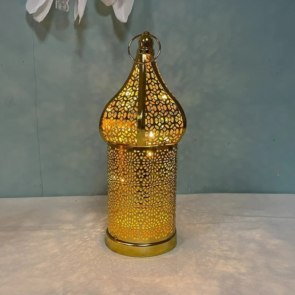 Home Ornament Iron Art Moroccan Night Light Hollow Battery Powered Ramadan LED Light Vintage Masjid Lantern Mosque