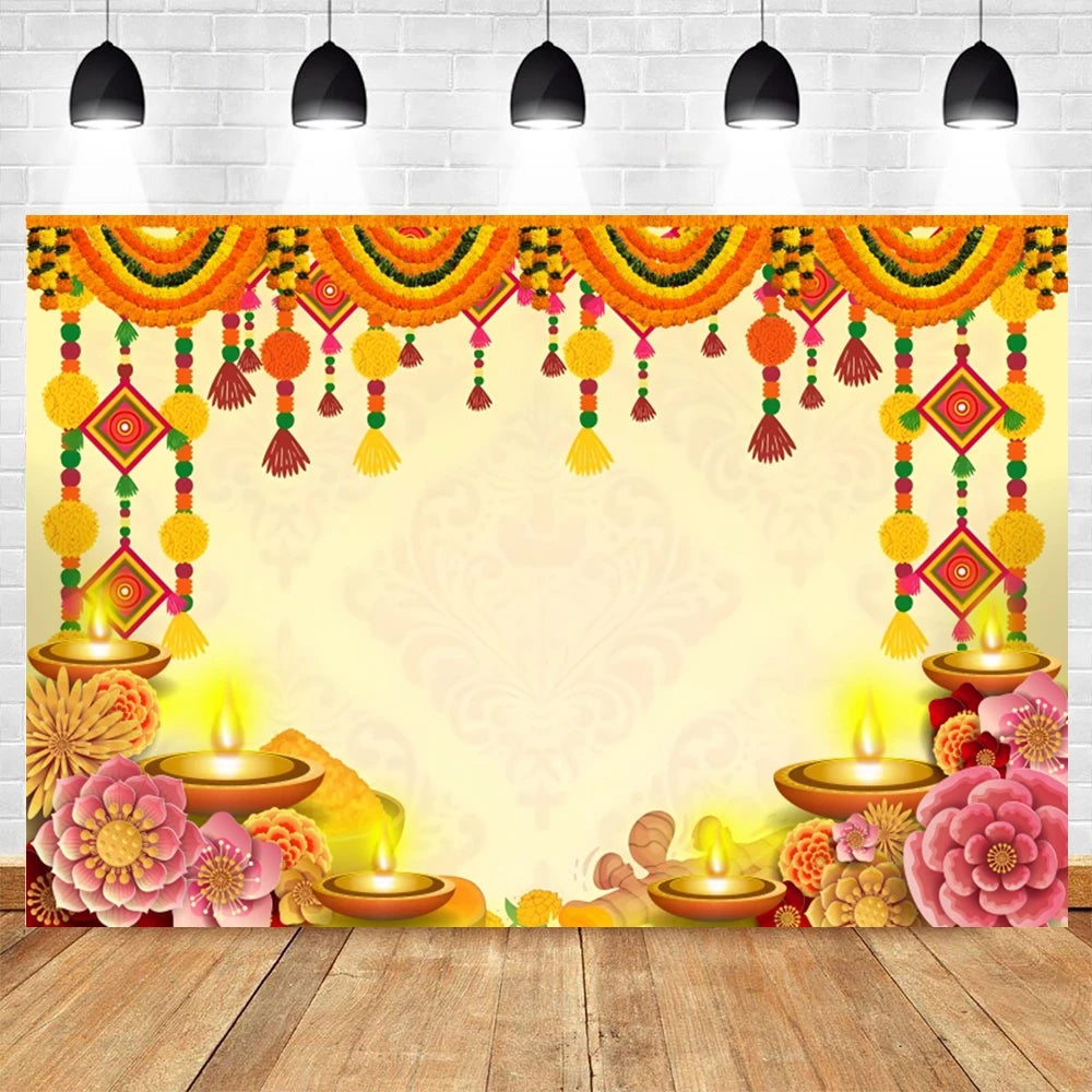 Indian Traditional Photography Background Marigold Green Leaf Hindu Indian Wedding Holi Flowers Garland Anniversary Backdrops