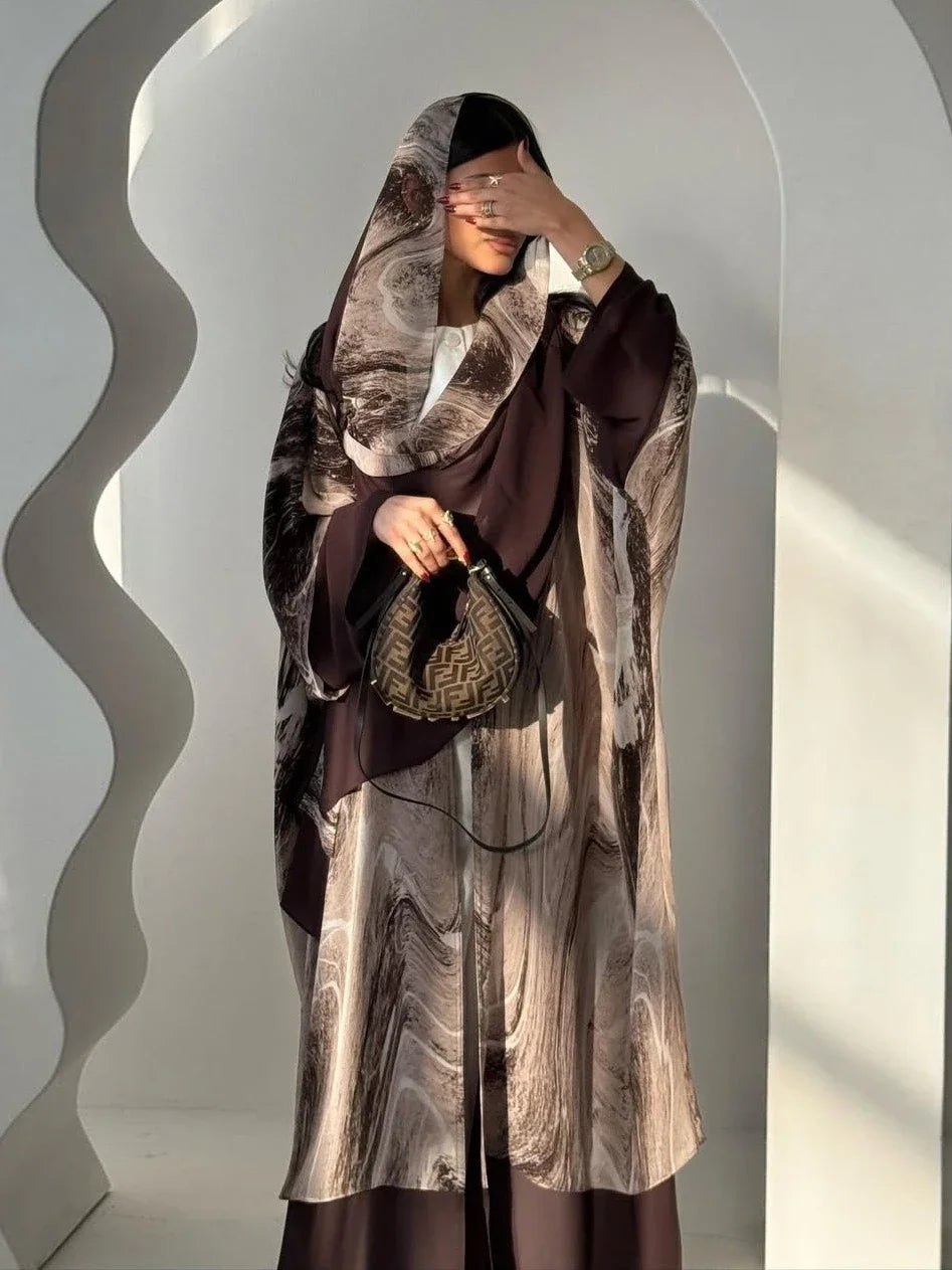 Women Abaya Scarf 2 Piece Set Cardigan Dress Dubai Eid Muslim Print Morocco Kaftan Party Jalabiya Vestidos Largos Arab Long Robe