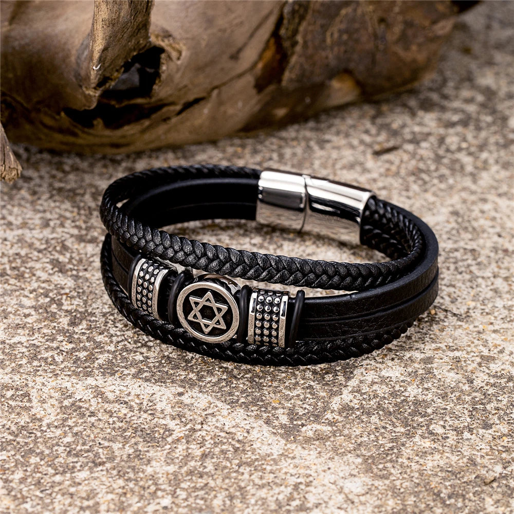 Retro Norse Hexagram Star of David Bracelet Men Stainless Steel Six Point Star Amulet Leather Wristband Religion Jewish Jewelry