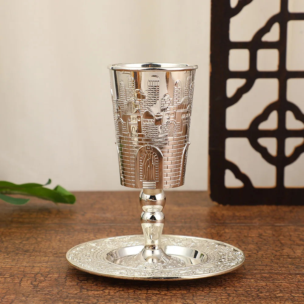 Silver Plated Kiddush Cup Nickel Plated Wine Cup with Saucer Jewish Shabbos Goblet Passover for Havdalah Passover Gift