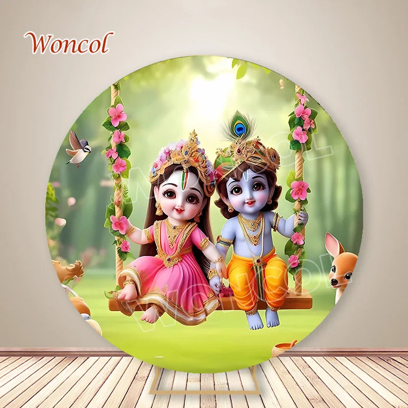 Krishna Round Backdrop Baby Baptism Backdrop Hindu God Krishna Radha Yashoda Circle Cover Indian Wedding Photography Prop