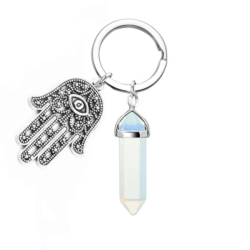 1Pc Natural Stone Crystal Points Keychain with Hamsa Hand Evil Eye Charms Reiki Energy Good Luck Amulet for DIY Jewelry Making