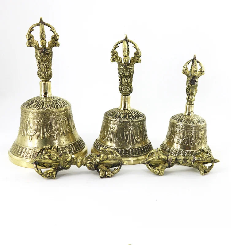 Nepalese Handmade Brass Bell Copper Handheld Gong Five-Pronged Bronze Bell Buddhist Ceremony Handbell for Meditation And Yoga