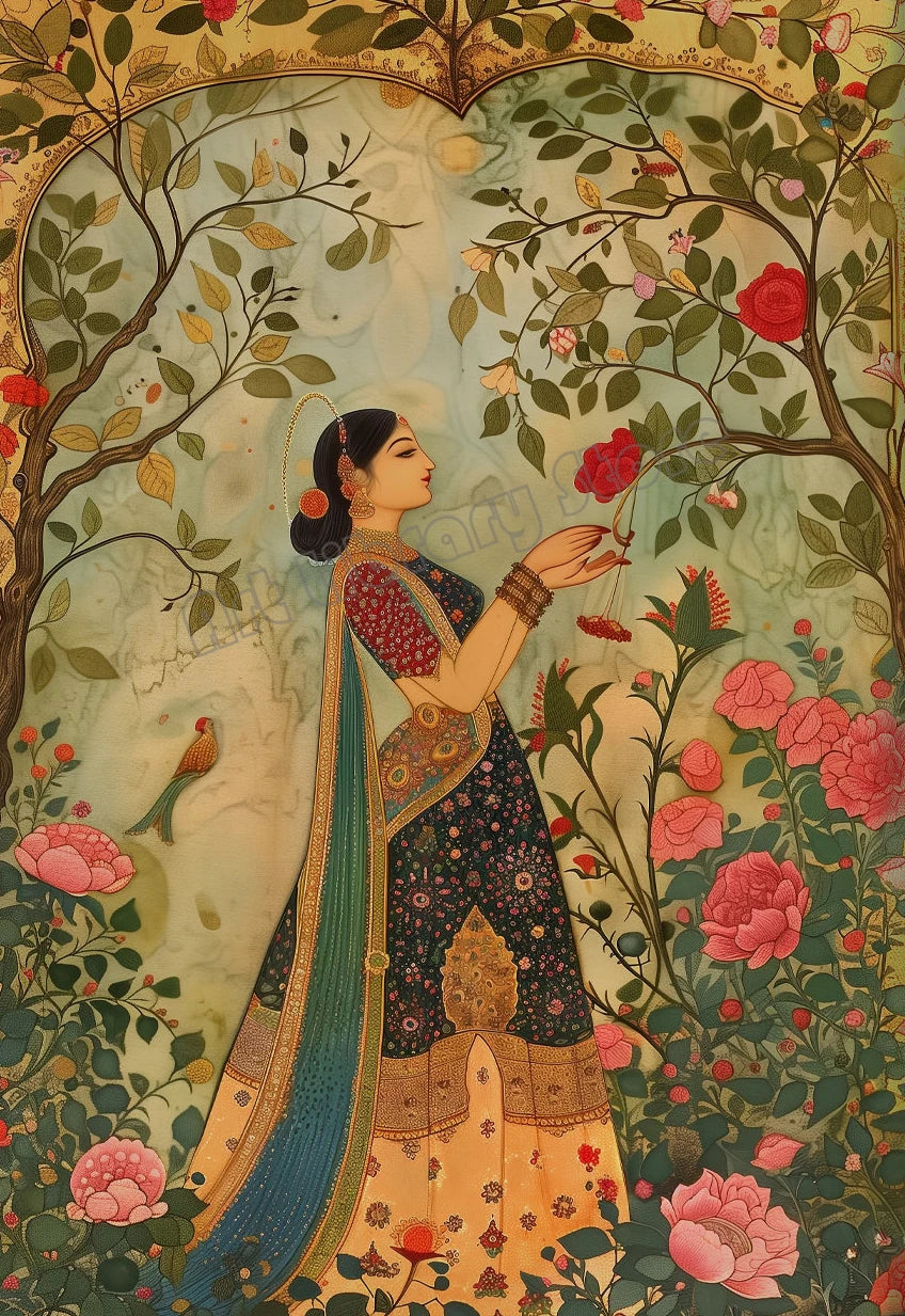 Retro Traditional Indian Woman Lady in The Garden Animals Pattern Poster Canvas Painting Wall Art Pictures Home Interior Decor