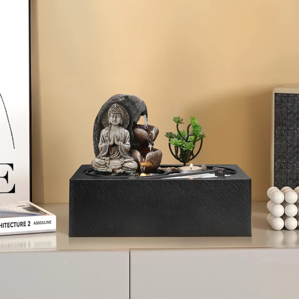 Buddha Zen Table Fountain with LED Light Indoor Buddha Statue Fountain Landscape Succulent Plants Home Decoration