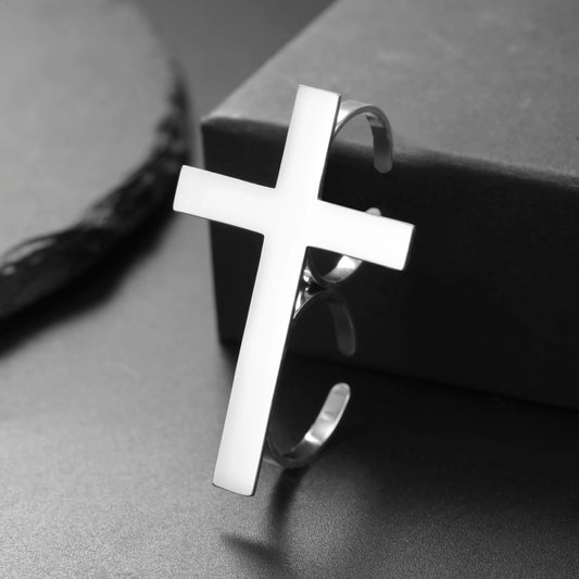 Jeshayuan Two Finger Cross Ring For Men Vintage Big Cross Open Ring Trendy Gothic Gold Silver Color Finger Christian Rings