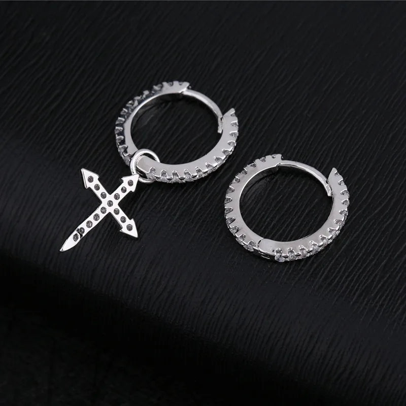 925 Sterling Silver Cross Pendant Asymmetric Hoop Earrings For Women Men Simple Personality New Trend Jewelry Wholesale