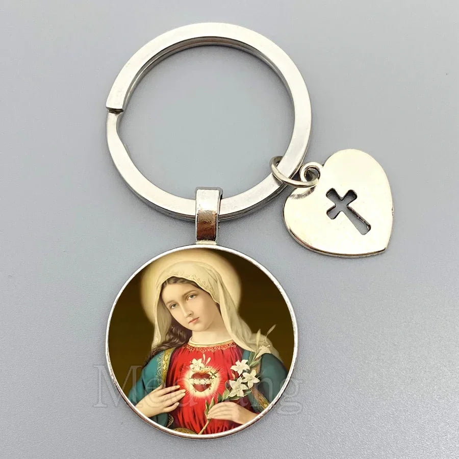 Jesus Sacred Heart Keychain Virgin Mary Glass Dome Key chain Catholic Men's and Women's Jewelry Gifts