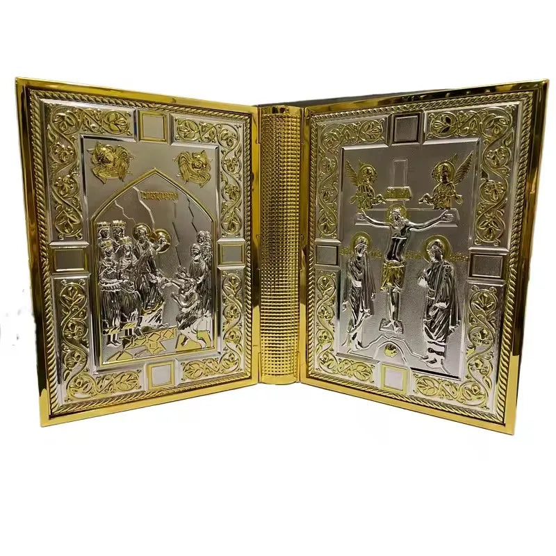 Vintage Gold Plated Orthodox Bible Cover with Enamel Holy Icons for Church Liturgy Home Altar Prayer Devotion Christian Gift Dec
