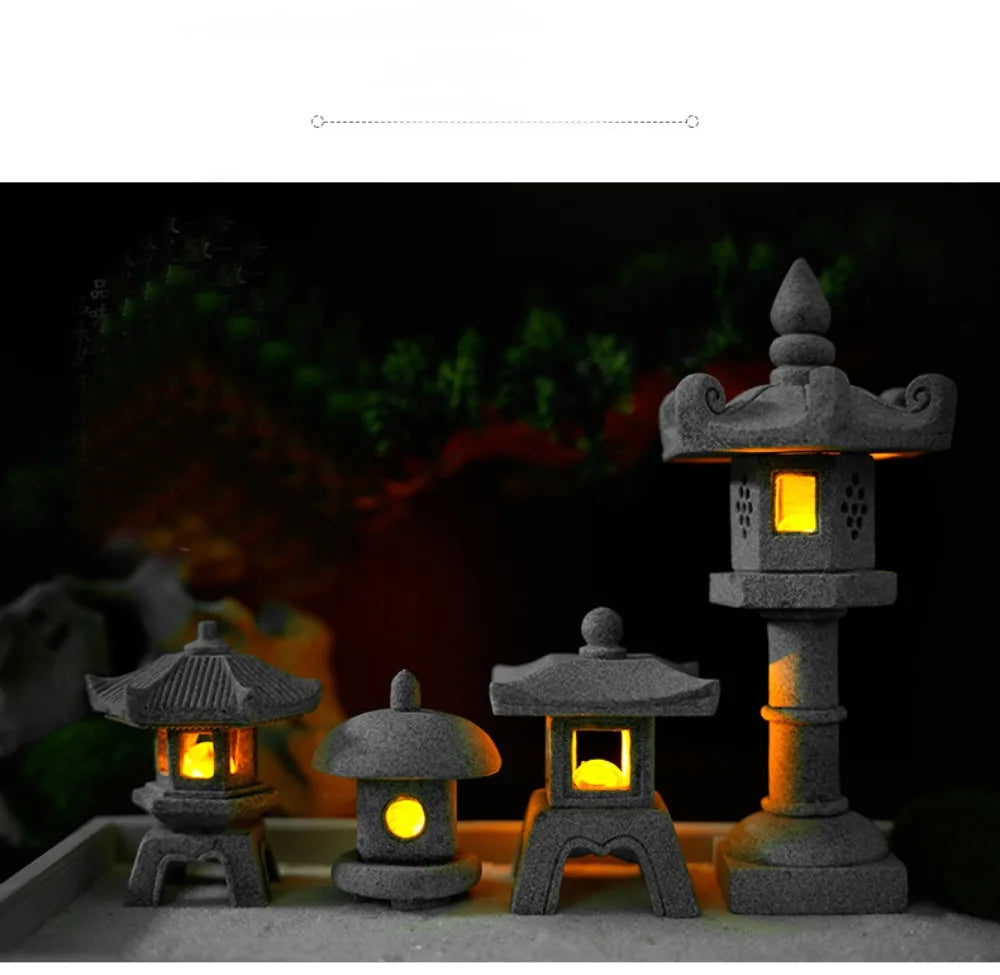 New Mini Pagoda Lantern Light Garden Statue Decorative Sand Stone Micro Landscape Lamp Zen Yard Miniature Bonsai
