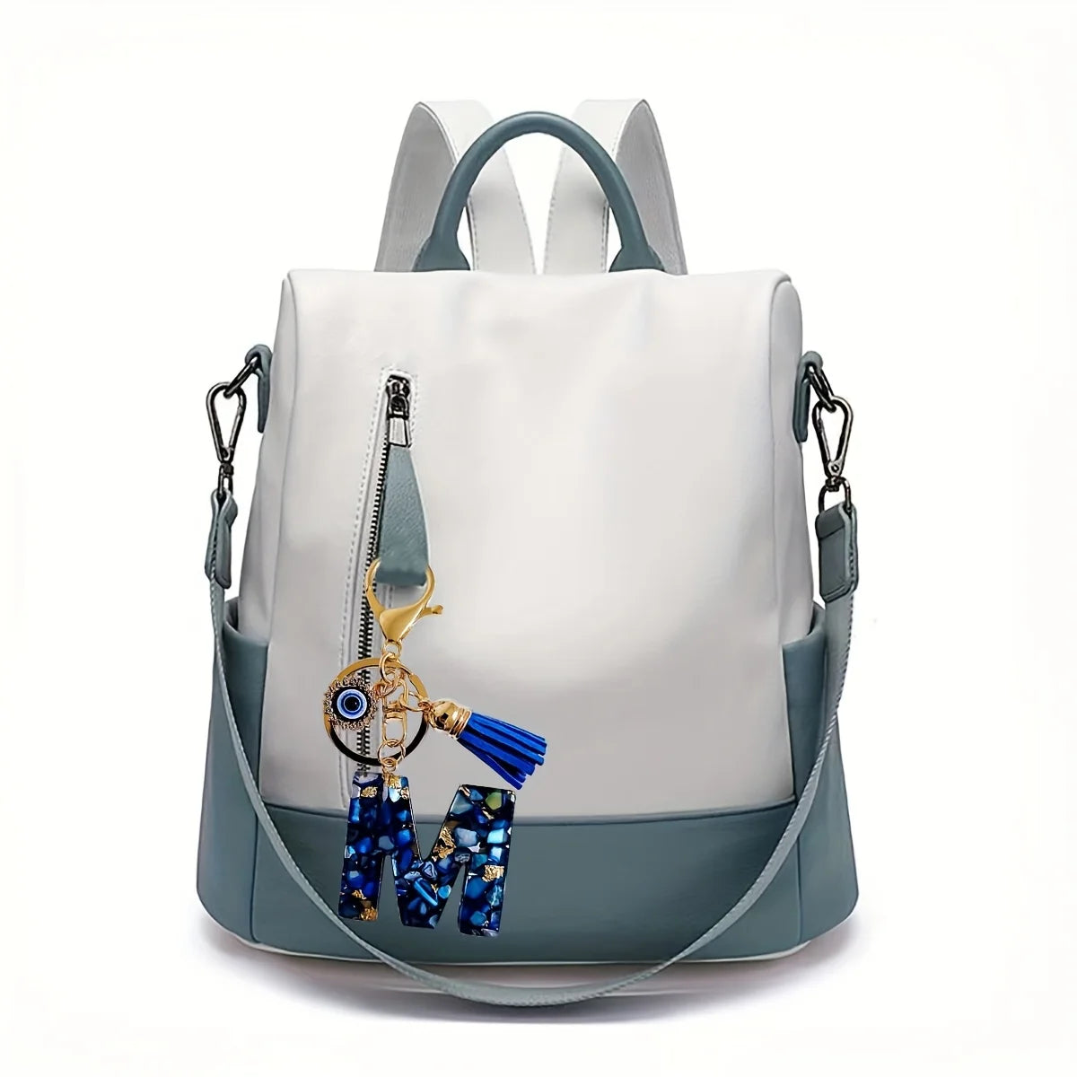 Blue Resin Initial Keychain - Evil Eye Letter Charm with Rhinestones & Tassel, Stylish Gift for Women, Lobster Clasp Accessory