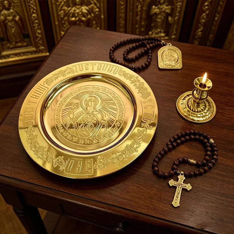 Orthodox Church Brass Liturgical Plate Candlestick Set Gold Plated Engraved Virgin Mary Icon Religious Tray Christian Church Sup