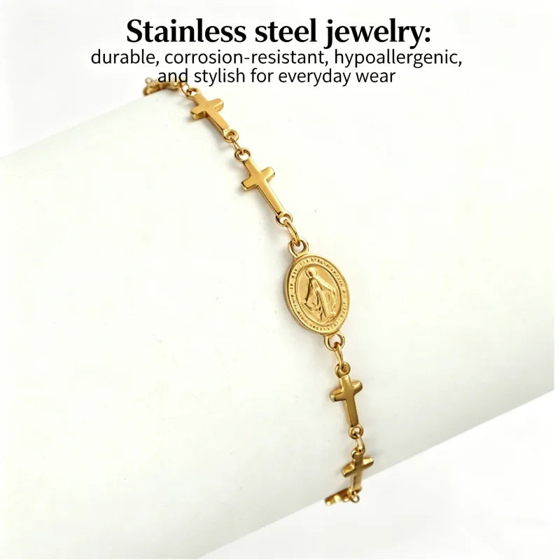 Vintage Virgin Mary Bracelet For Women Prayer Beads Jewelry Stainless Steel Cross Accessories Bracelet Religion Hand Gifts