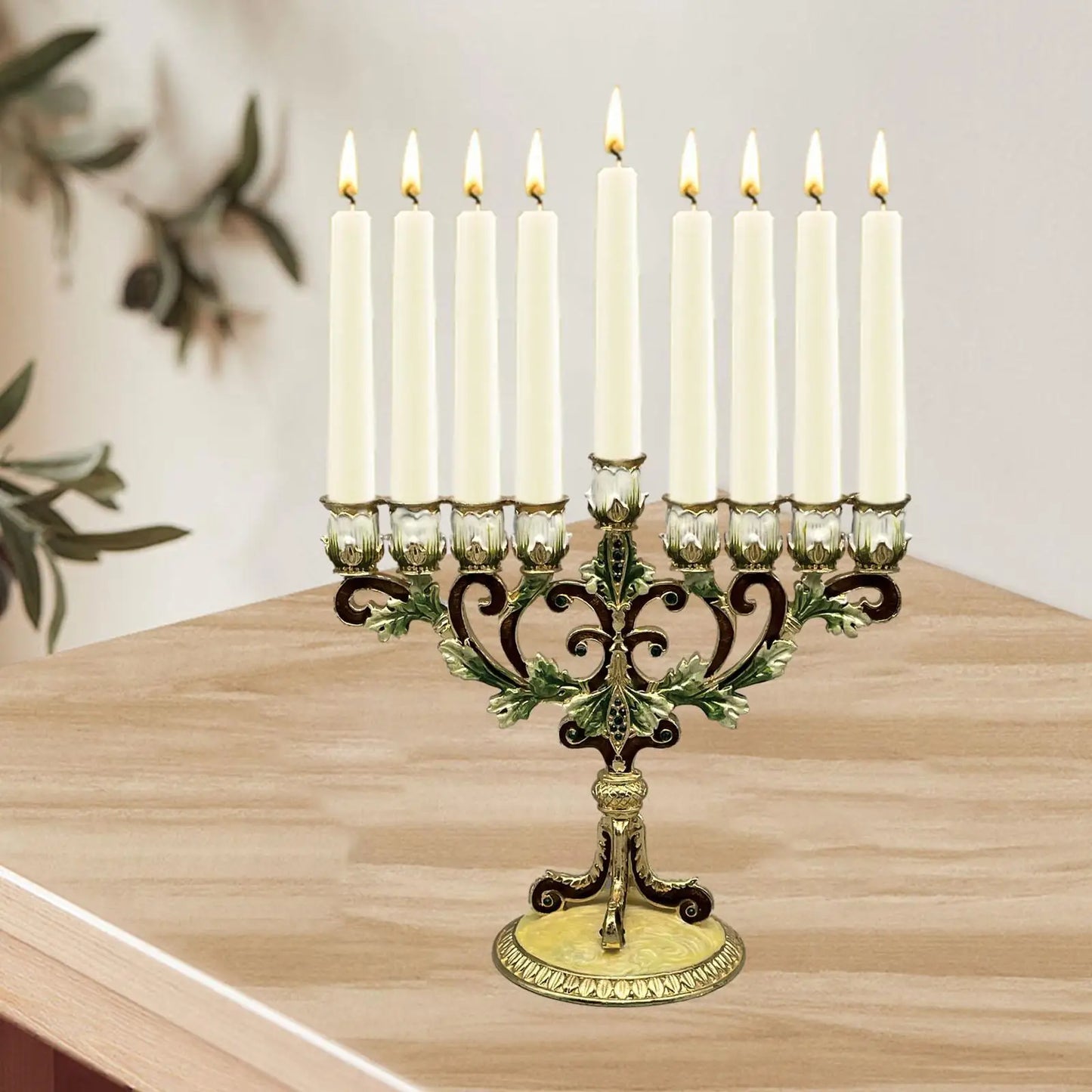 Hanukkah Menorah Hand Painted Candlestick Sturdy Base Tabletop 9 Branches Candle