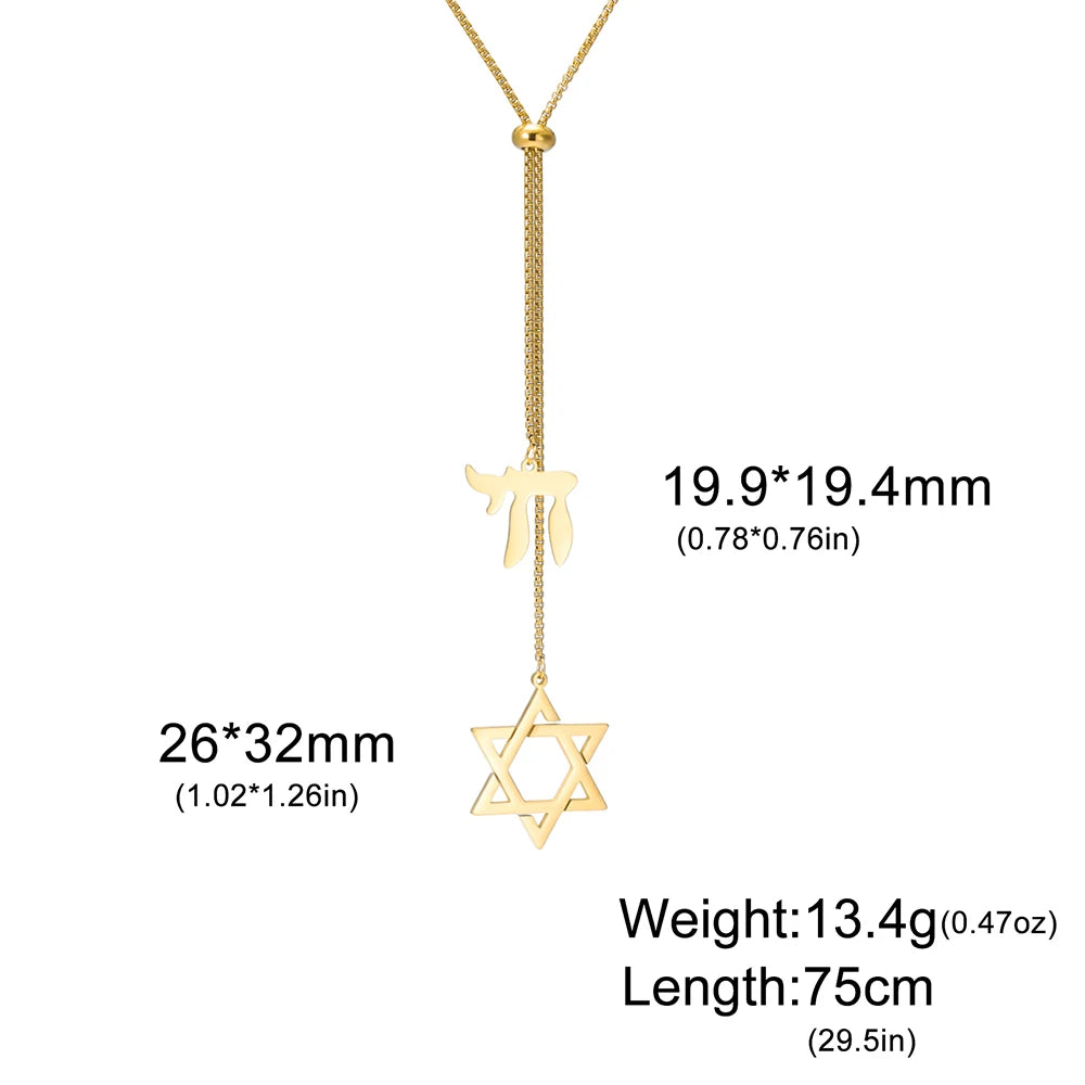 Dawapara Star of David and Jewish Hebrew Chai Pendant Long Necklace Sweater Chain Hexagram Judaism Stainless Steel Jewelry