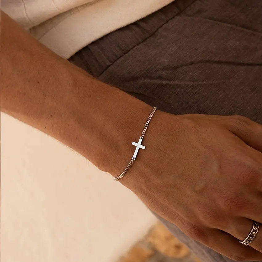 Waterproof 316L Stainless Steel Cross Bracelet Men Christian Faith Cross Charms Curb Chains Fashion Jewelry