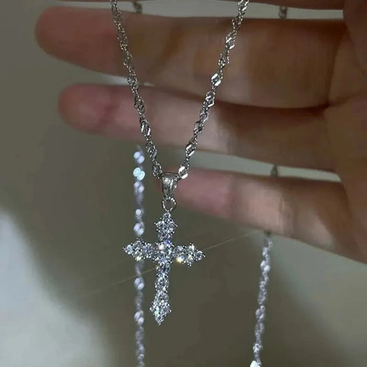 Zircon Cross Pendant Necklace, Silver Thin Chain for Women, Punk Style Party Birthday Jewelry Gift