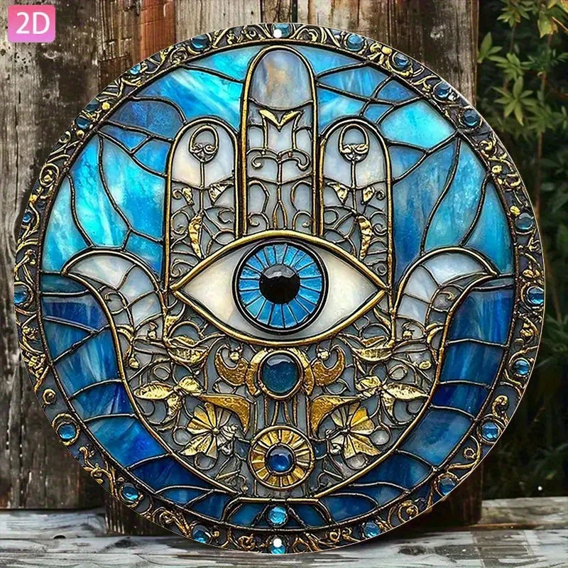 2D flat, 1 Hamsa hand wall decoration - turquoise blue and gold metal evil eye protection amulet "retro wooden sign