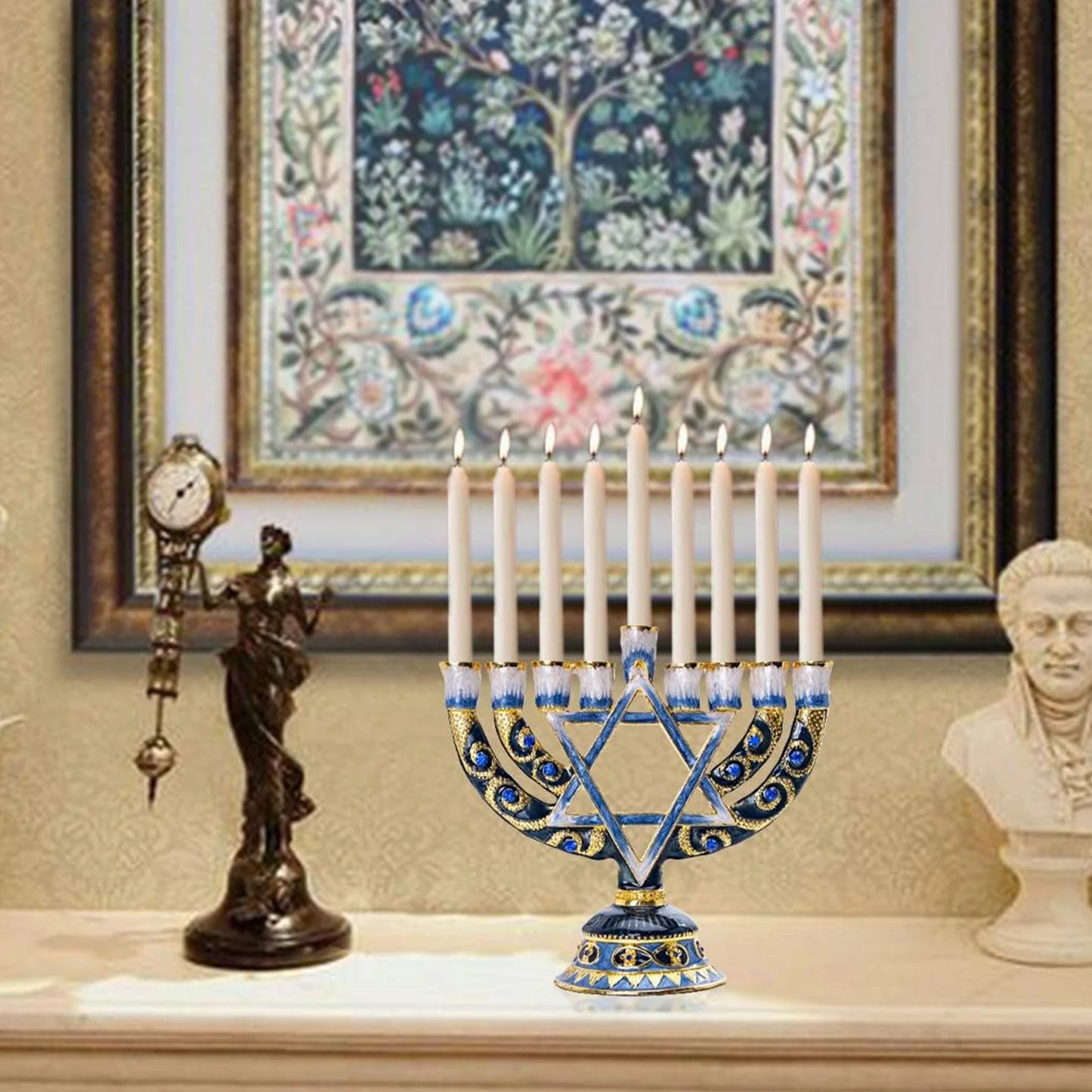 Blue Candlesticks for Hanukkah Menorah Candle Holder Candelabrum Candle Stand for Christmas Party Wedding Home Decor 9 Branch