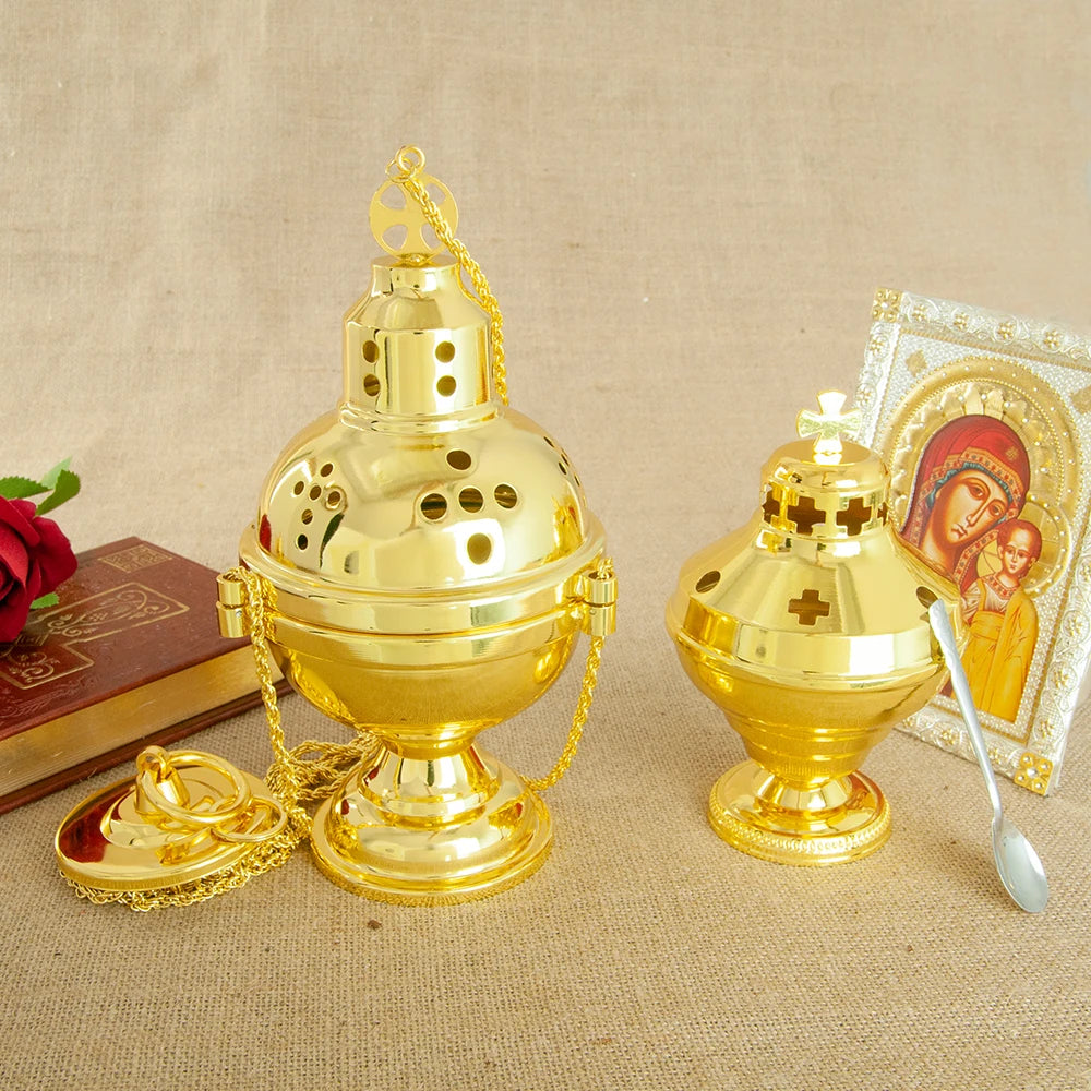 HTISOK Church Supplier High Polished Gold Plated Hanging Incense Burner Orthodox Censer Church Home Decoration Catholic Chalice