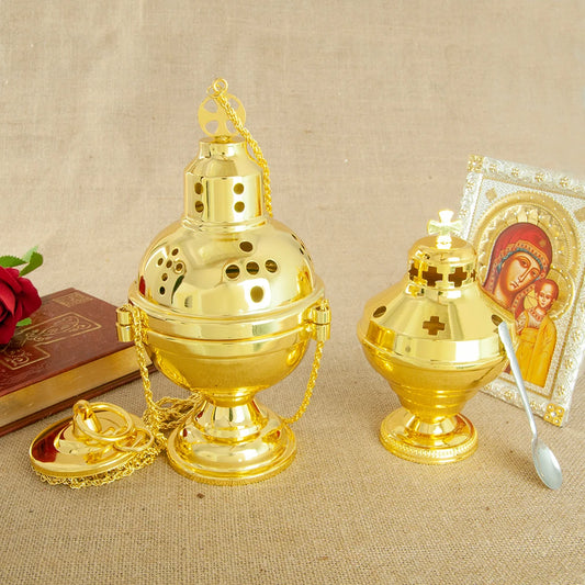 HTISOK Eastern Orthodox Church Censer with Bells Gold Plated Hanging Incense Burner Church Home Decoration Orthodox Censer
