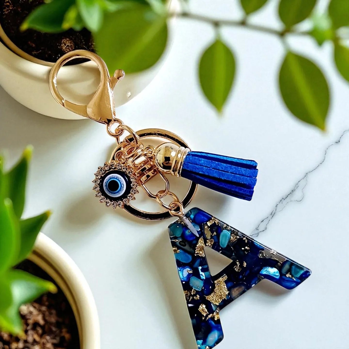 Blue Resin Initial Keychain - Evil Eye Letter Charm with Rhinestones & Tassel, Stylish Gift for Women, Lobster Clasp Accessory