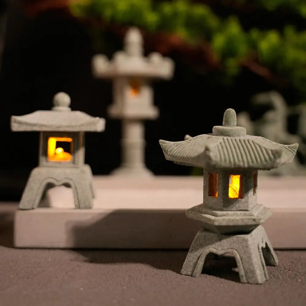 New Mini Pagoda Lantern Light Garden Statue Decorative Sand Stone Micro Landscape Lamp Zen Yard Miniature Bonsai