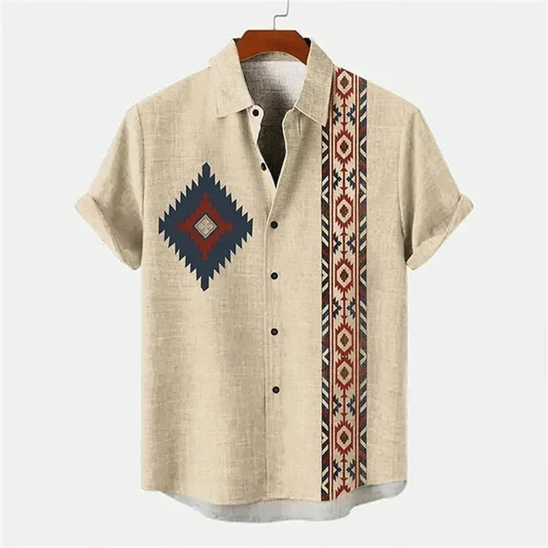 Men's shirt ethnic style 3D printing henley shirt, men's fashion button down collar short sleeve, high quality men's tops