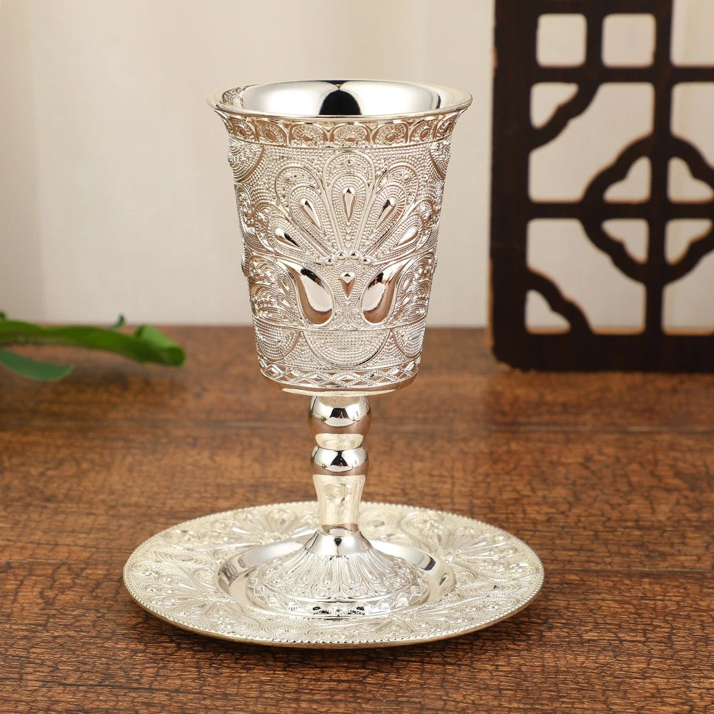 Silver Plated Kiddush Cup Nickel Plated Wine Cup with Saucer Jewish Shabbos Goblet Passover for Havdalah Passover Gift