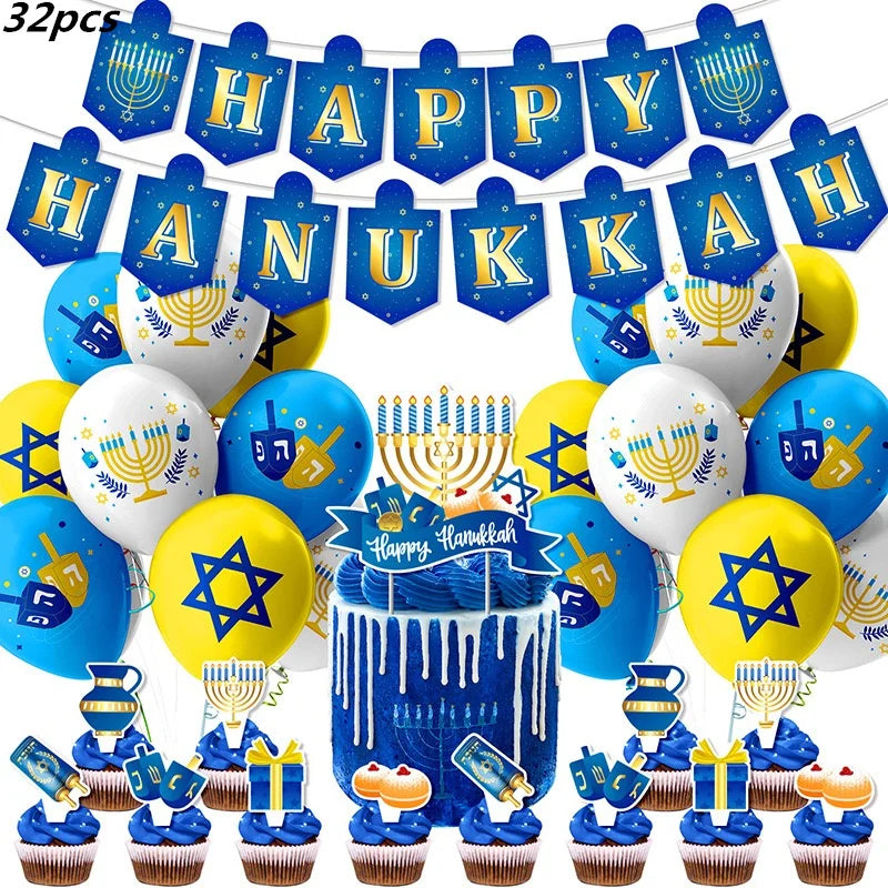 Jewish Hanukkah Birthday Party Decoration Cake Topper Balloon Candle Chanukah Party Supplies Tableware Banner Backdrop