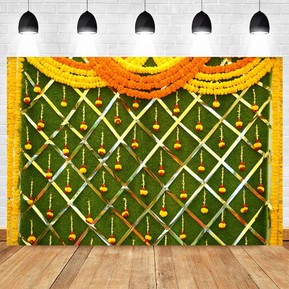 Indian Traditional Photography Background Marigold Green Leaf Hindu Indian Wedding Holi Flowers Garland Anniversary Backdrops