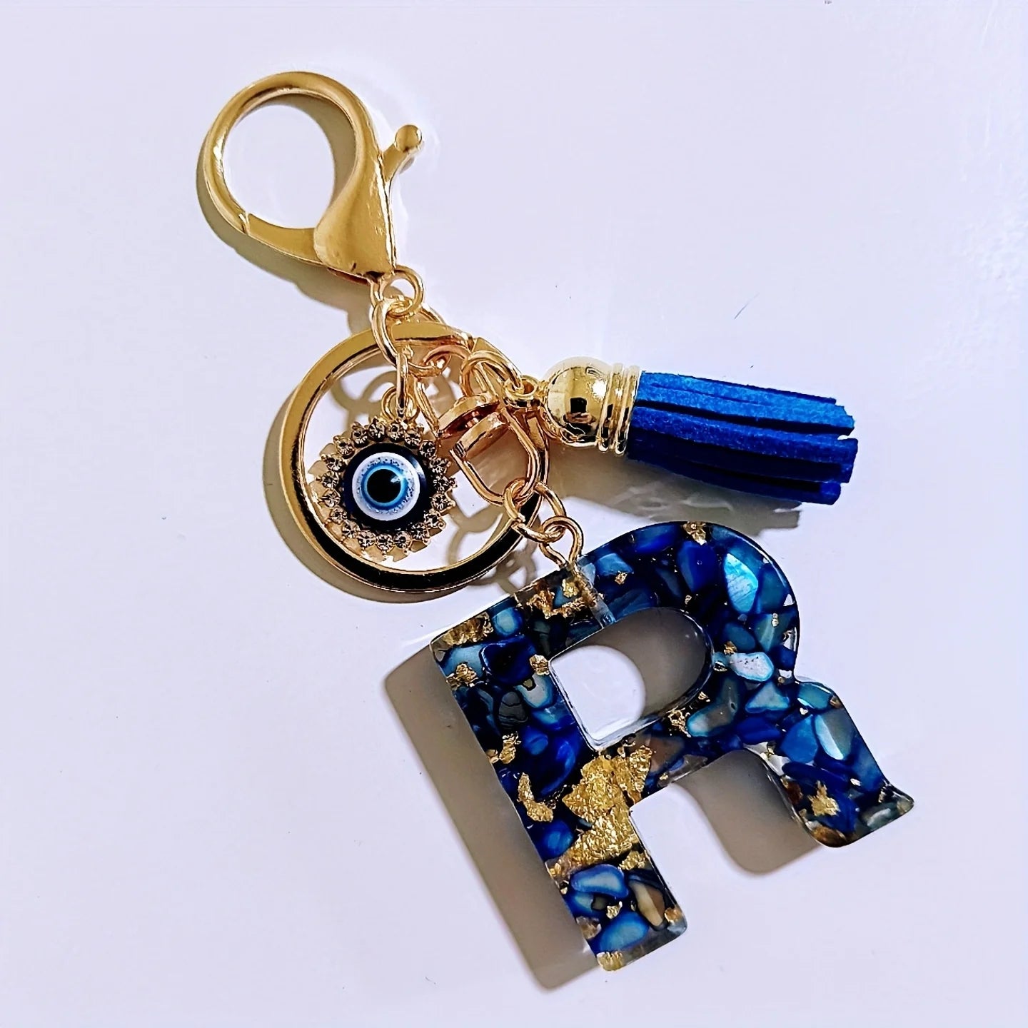 Blue Resin Initial Keychain - Evil Eye Letter Charm with Rhinestones & Tassel, Stylish Gift for Women, Lobster Clasp Accessory